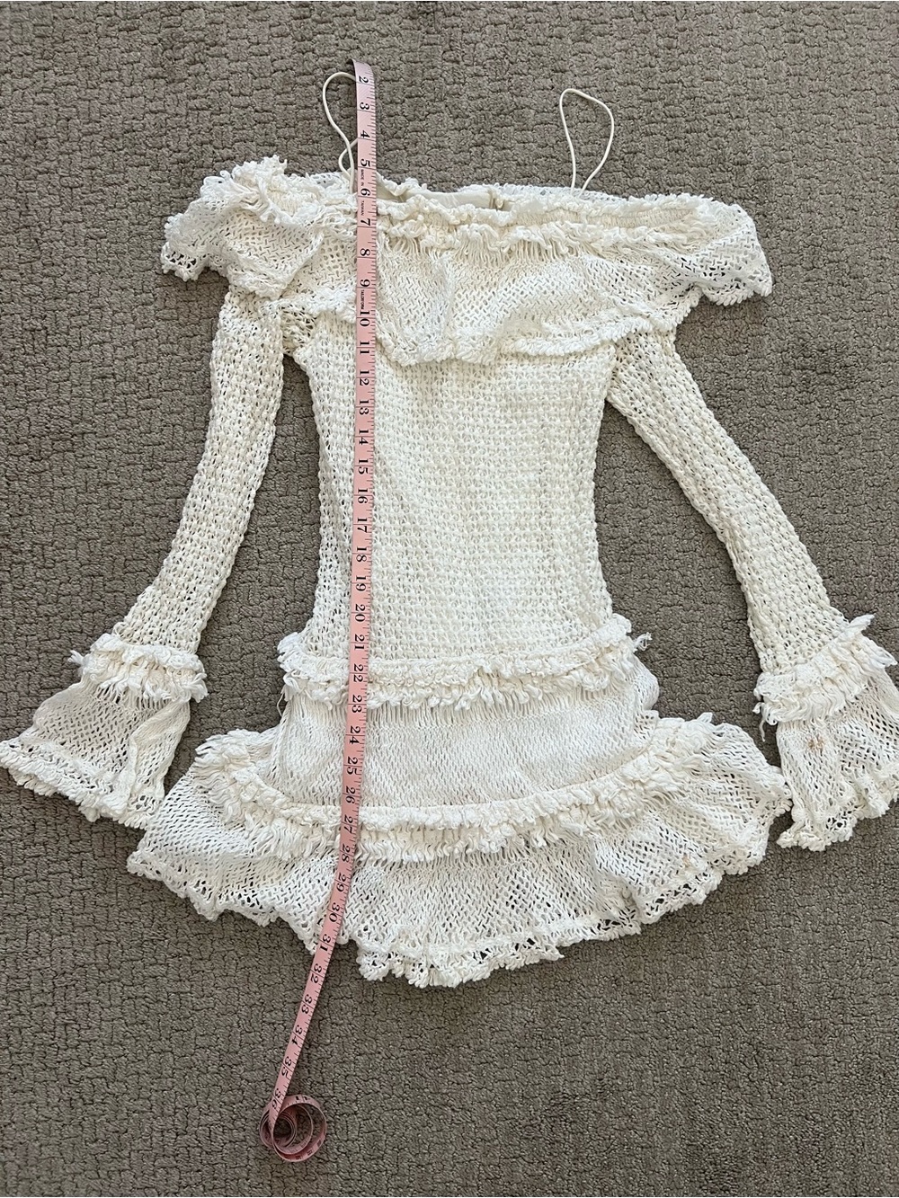 Jonathan Simkhai Cream Off-the-Shoulder Ruffle Crochet Knit Dress